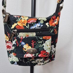 Floral Canvas Crossbody Bag Black Multi Color Botanical Shoulder Purse Dopamine